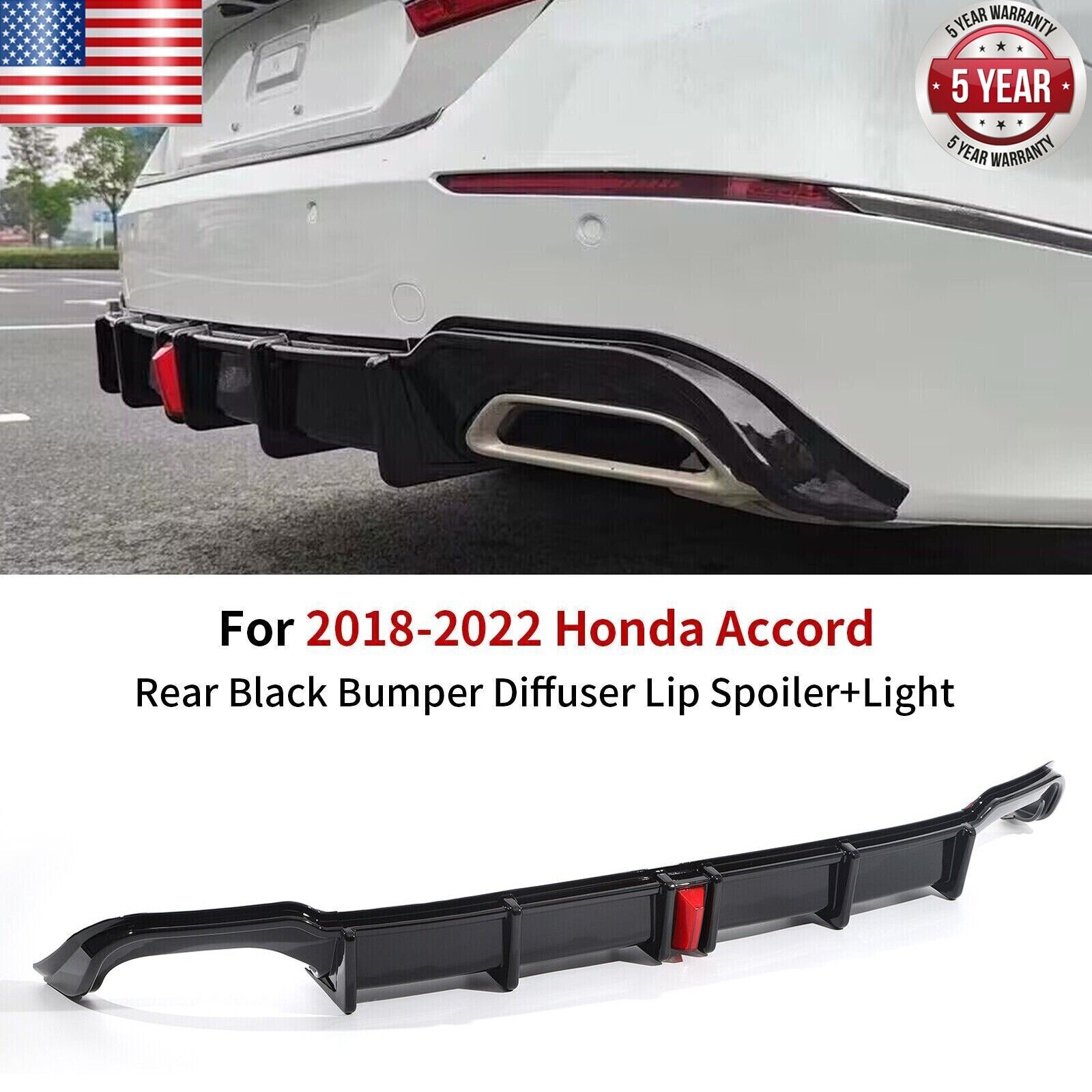 For 2018-2022 Honda Accord Sedan 4-Door Rear Bumper Diffuser Lip Spoiler + Light
