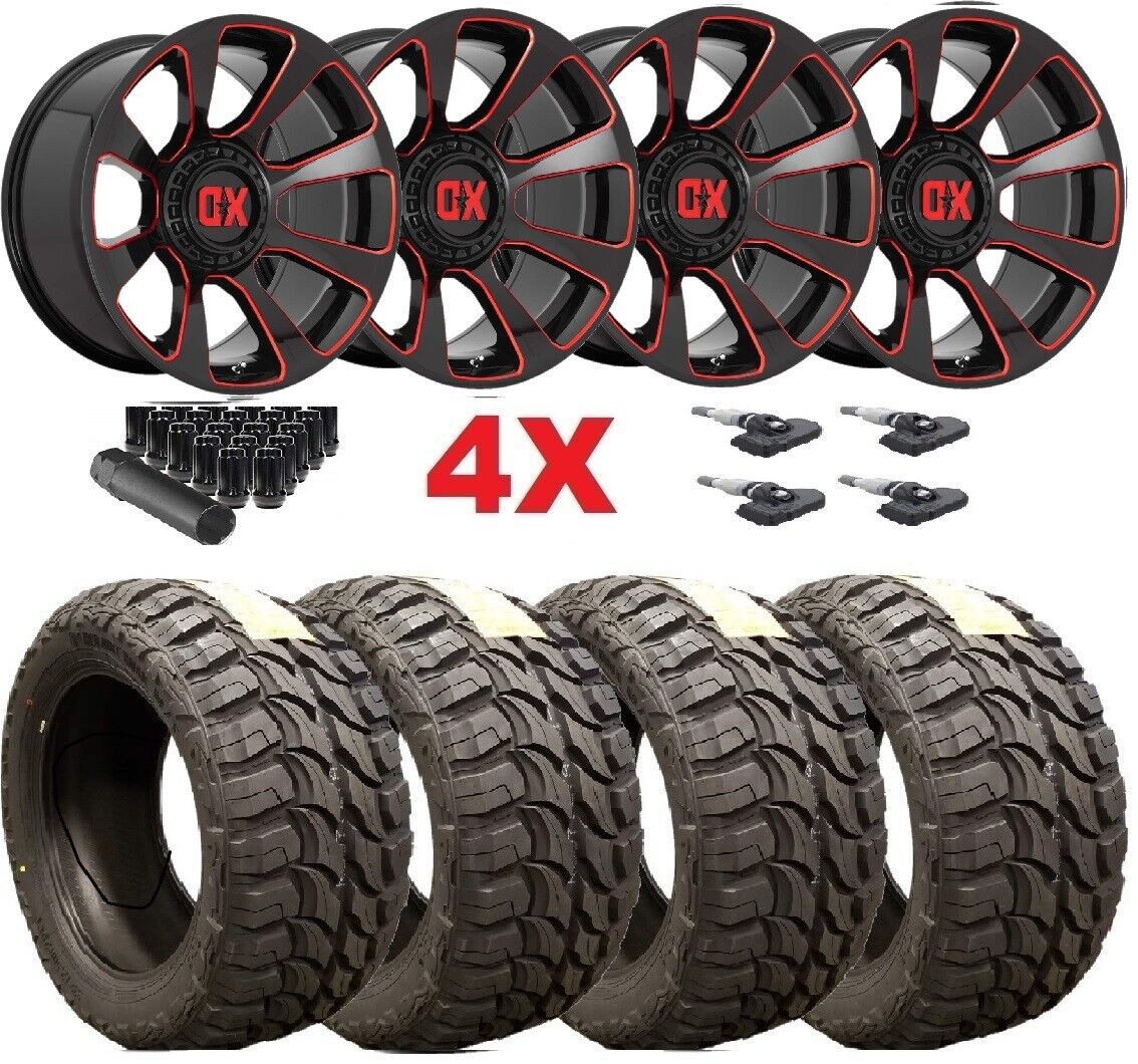 20 GLOSS BLACK W/ RED ACCENT WHEELS TIRES MT 35 PACKAGE SET FIT JEEP WRANGLER