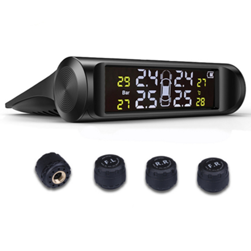 Solar Car Tire Pressure Monitor System LCD Digital Display w/4 External Sensors