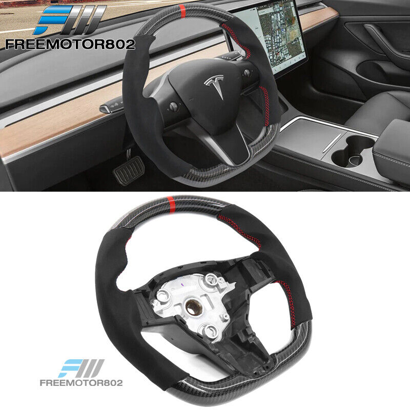 Fits 17-23 Tesla Model 3 Y Steering Wheel CF + Alcantara Red Stitching W/ Stripe