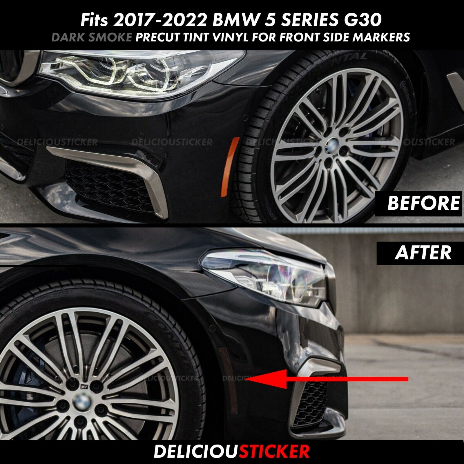 Fits BMW 530i 540i M5 M550i G30 Dark SMOKE Front Side Markers Tint Overlay Vinyl