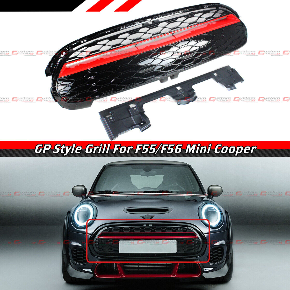 FOR 2014-2021 MINI COOPER F55 F56 F57 GP STYLE GLOSS BLACK RED TRIM FRONT GRILLE
