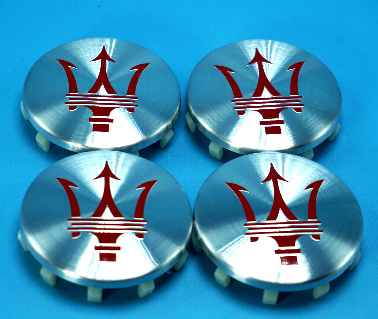 2002-18 MASERATI WHEEL CENTER CAPS SILVER WITH RED TRIDENT SET OF 4 - - 60mm