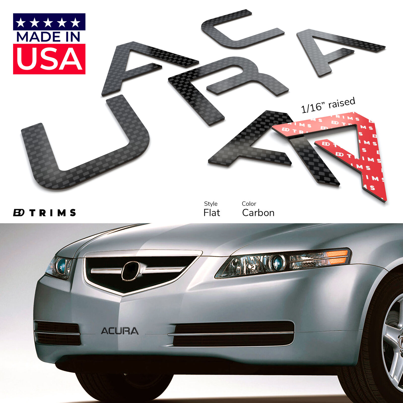 Carbon Fiber Raised Plastic Letters Inserts fits Acura TL 2004-2008 Front Bumper