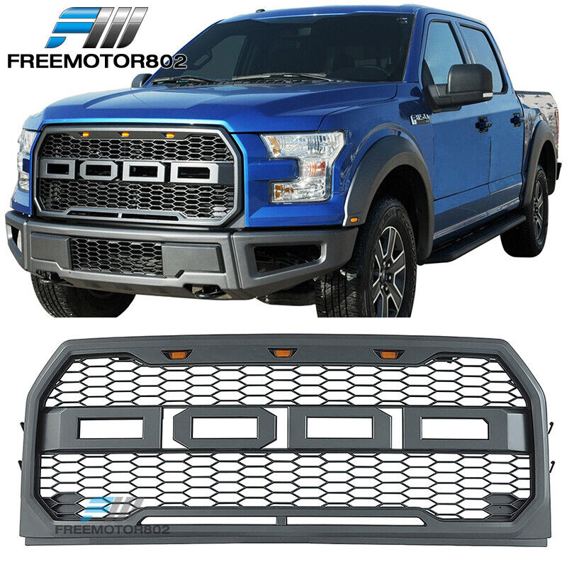 Fit 15-17 Ford F150 R Style w/ Amber Light Charcoal Gray Front Bumper Grille