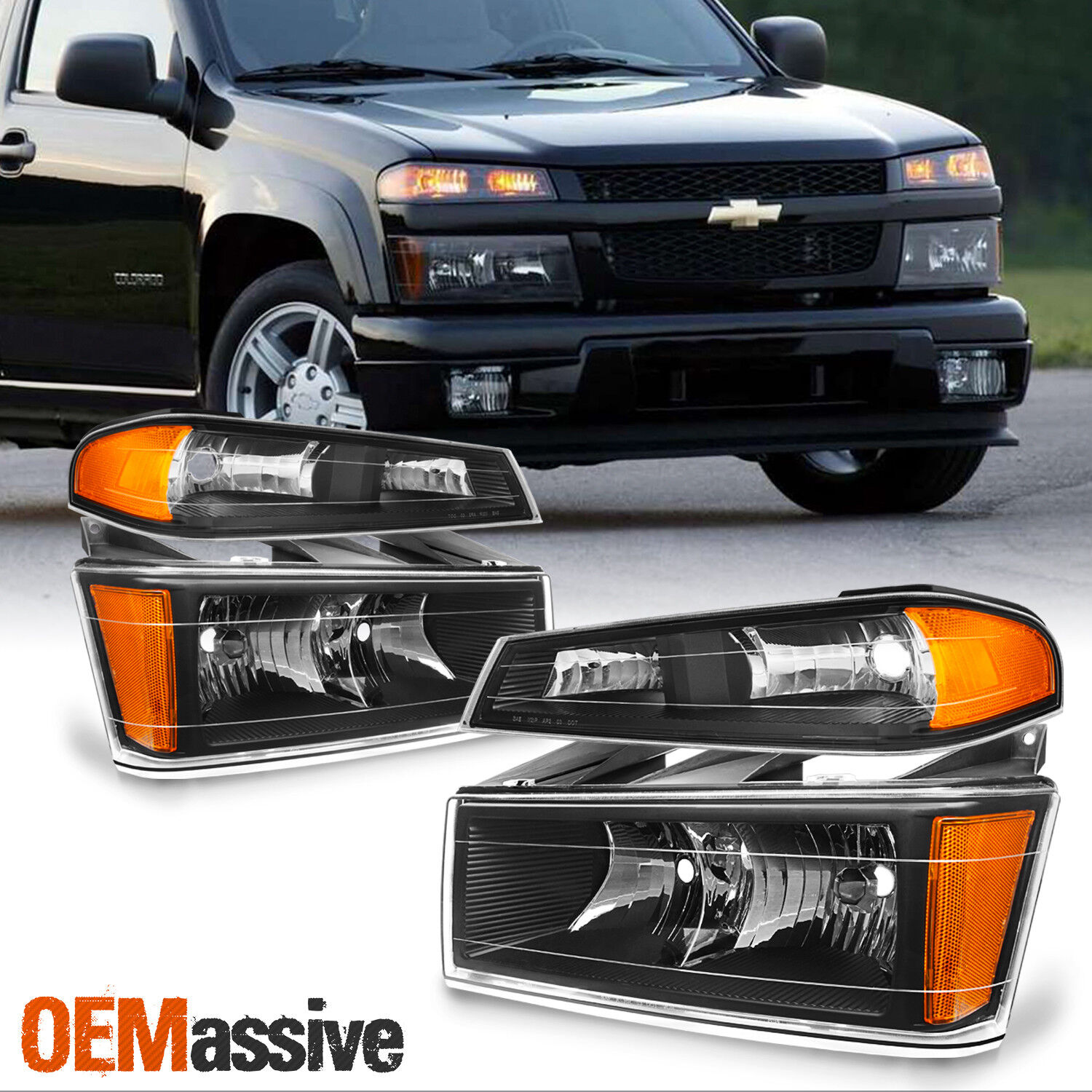 Fit 04-12 Colorado Canyon Black Headlights + Bumper Signal Lights Replacement