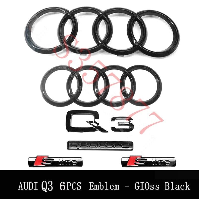 For Audi Q3 Emblem Gloss  Rings Front Rear Quattro Sline Combo Set OE 6PC 13-21
