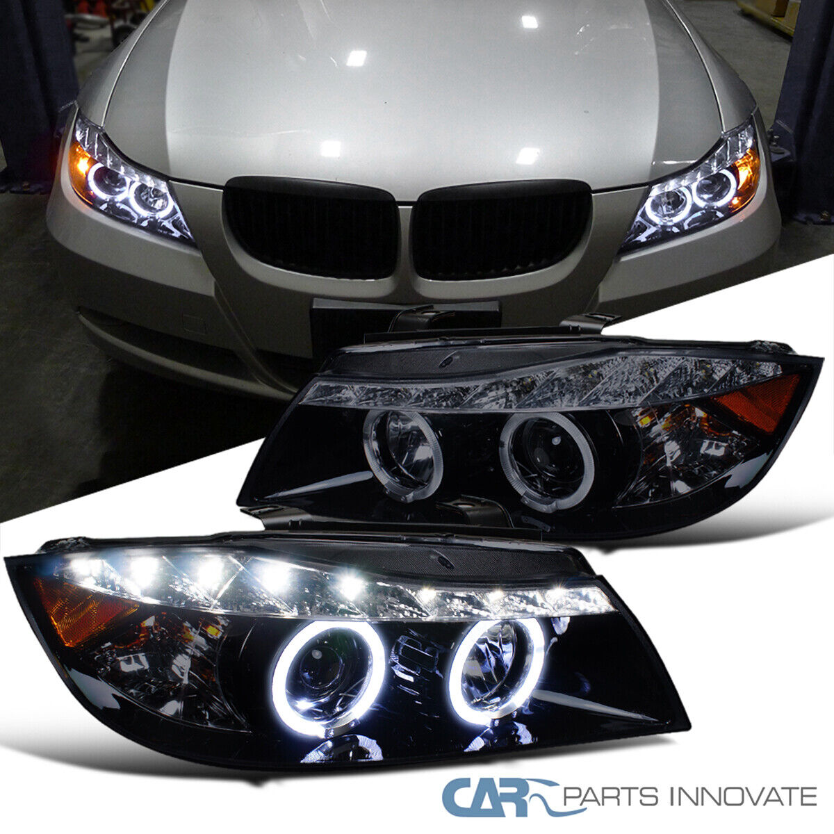 Fits 2006-2008 BMW E90 323I 335I 3 Series Smoke Projector Headlights LED Strips