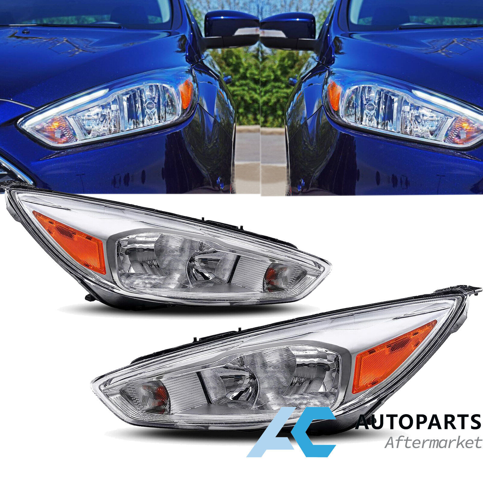 For 15-18 Ford Focus ST SE Headlights Assembly OE Style Halogen Chrome Amber