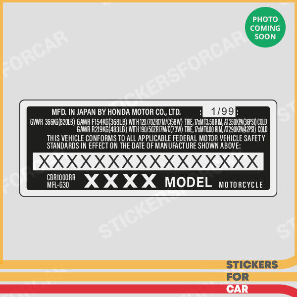CBR1000RR, XR650L , CBR600F4  Motorcycle VIN ID Custom Decal Sticker Honda