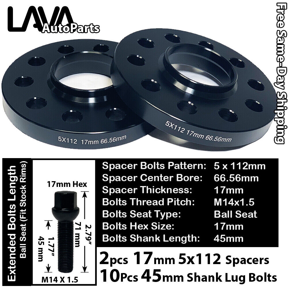 2PC 17MM THICK 5X112 66.5MM C.B WHEEL SPACER+10 BOLTS FIT AUDI/MACAN STOCK WHEEL