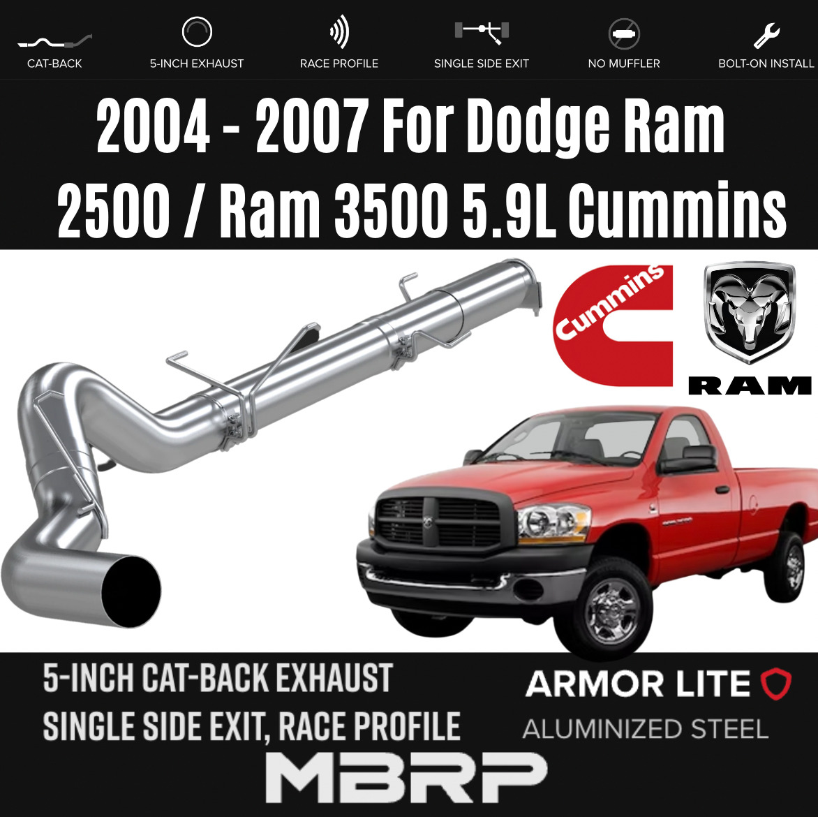 MBRP 5'' Cat-Back Exhaust Single Exit For 04-07 Dodge Ram 2500/3500 5.9L Cummins