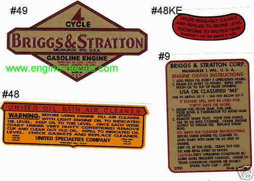Briggs & Stratton decals for 9, 14, 19 & 23; 50's Fits Bantam tractors Set of 4