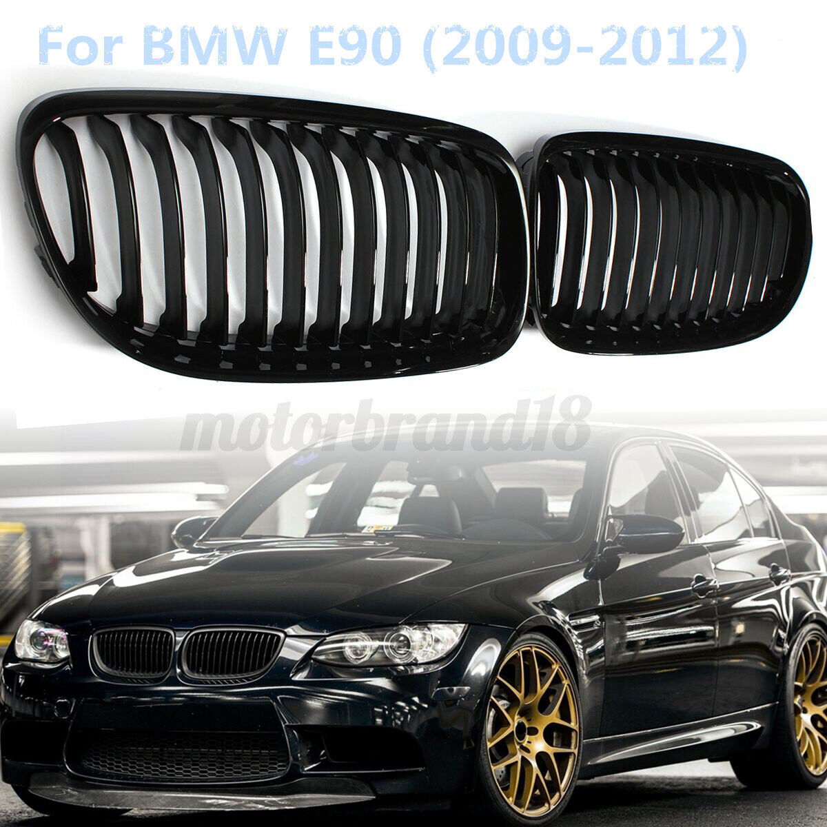 Pair For BMW E90 E91 2009-2011 325i 328i 335i Gloss Black Kidney Grill Grille