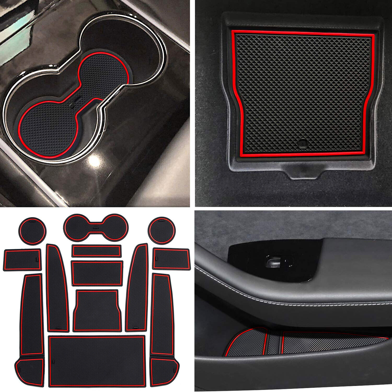 For Tesla Model 3 Cup, Door and Center Console Liner Mat Accessories [Red Trim]
