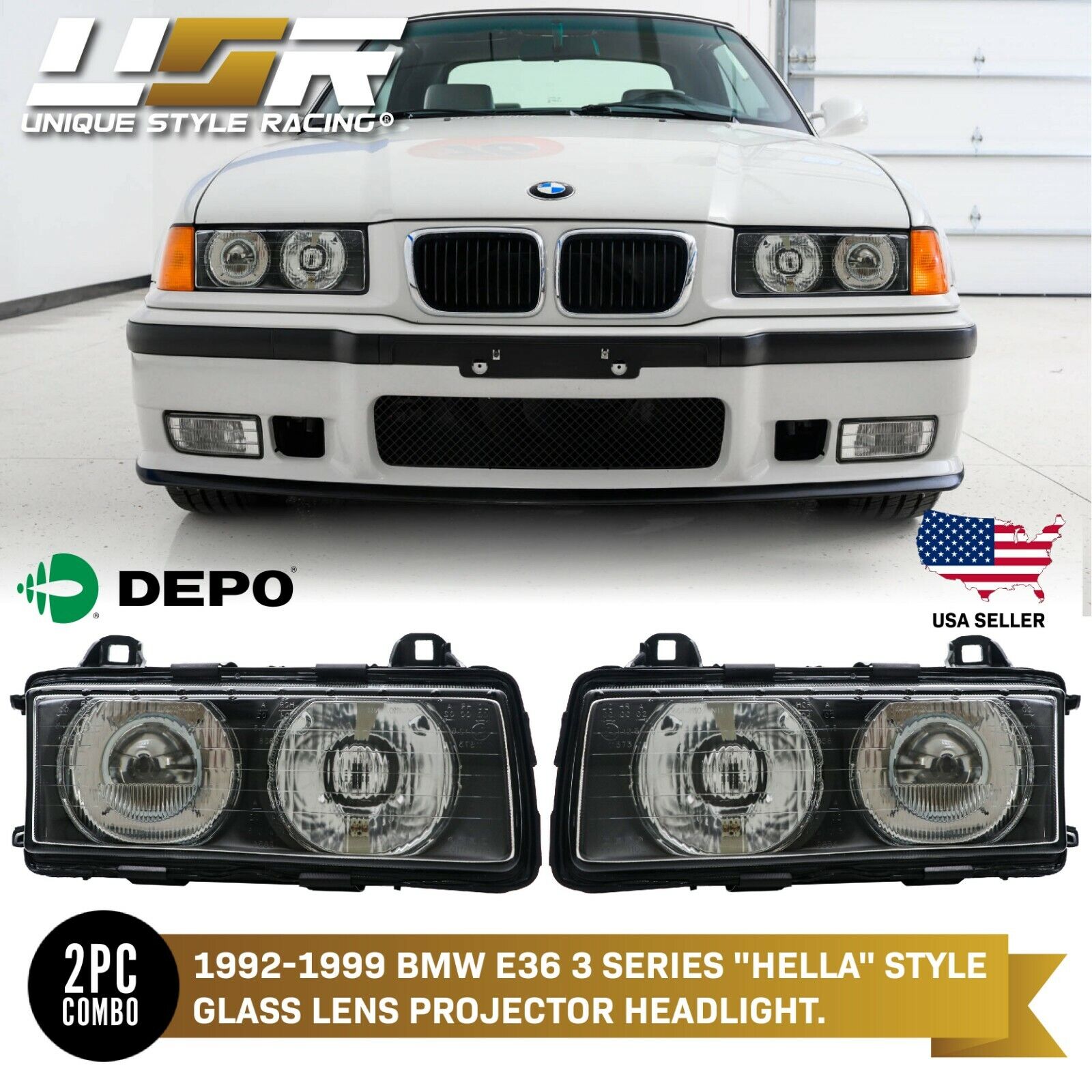 Euro GLASS Hella Style Ellipsoid Projector Headlight by DEPO for E36 3 Series