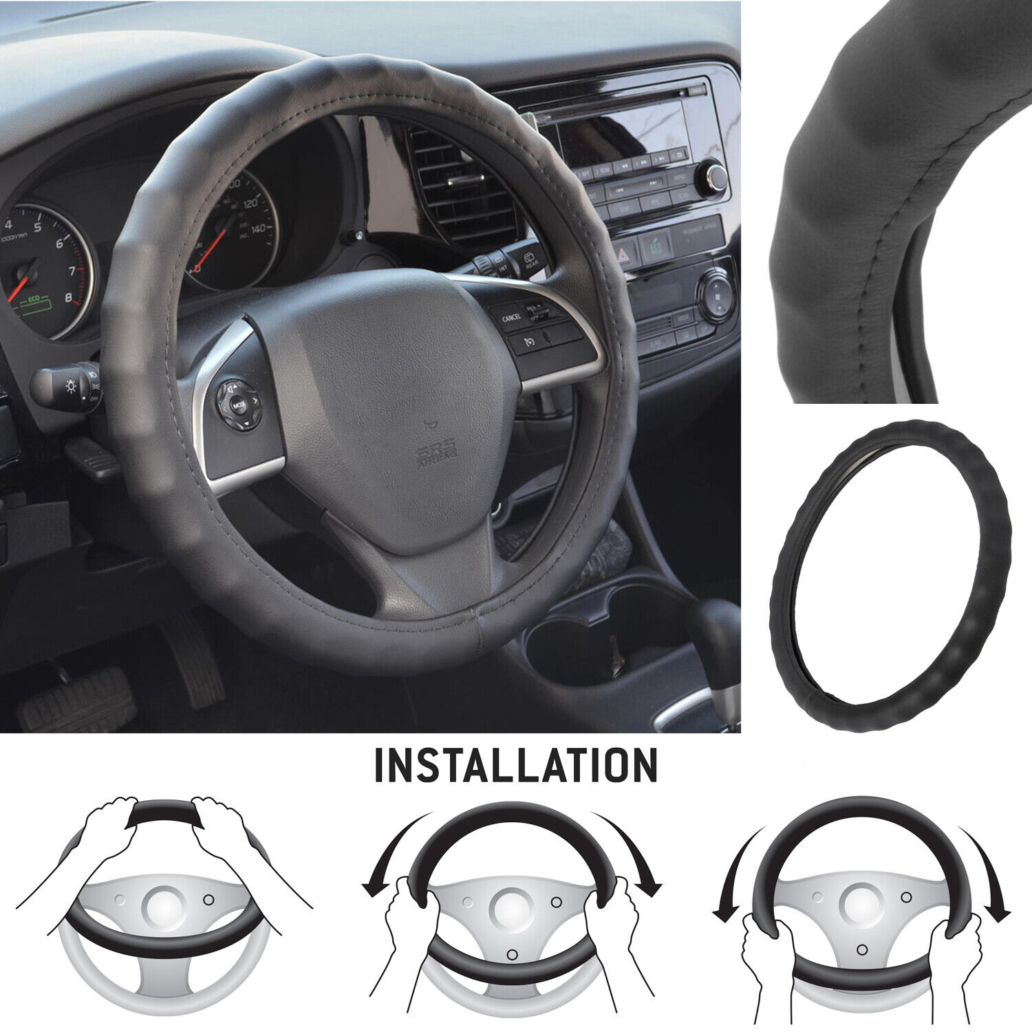 Genuine Leather Steering Wheel Cover for Car SUV Truck Medium 14.5\