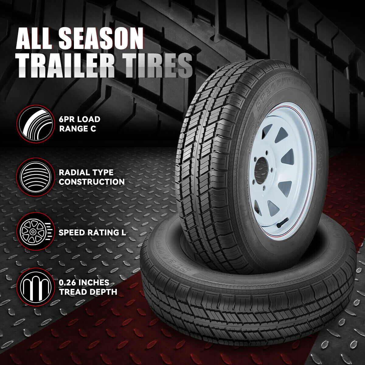 2 Radial Trailer Tire Rim Set ST205/75R15 Load C 5-Lug 8 Spoke Wheel All Season