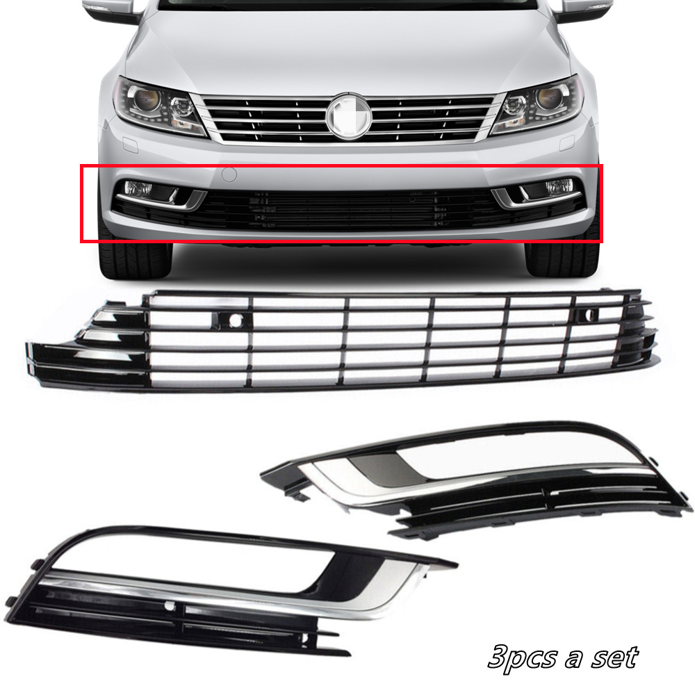 For 2013-2017 VW CC Front Bumper Lower Grille Chrome Grill Fog Light Cover 3pcs