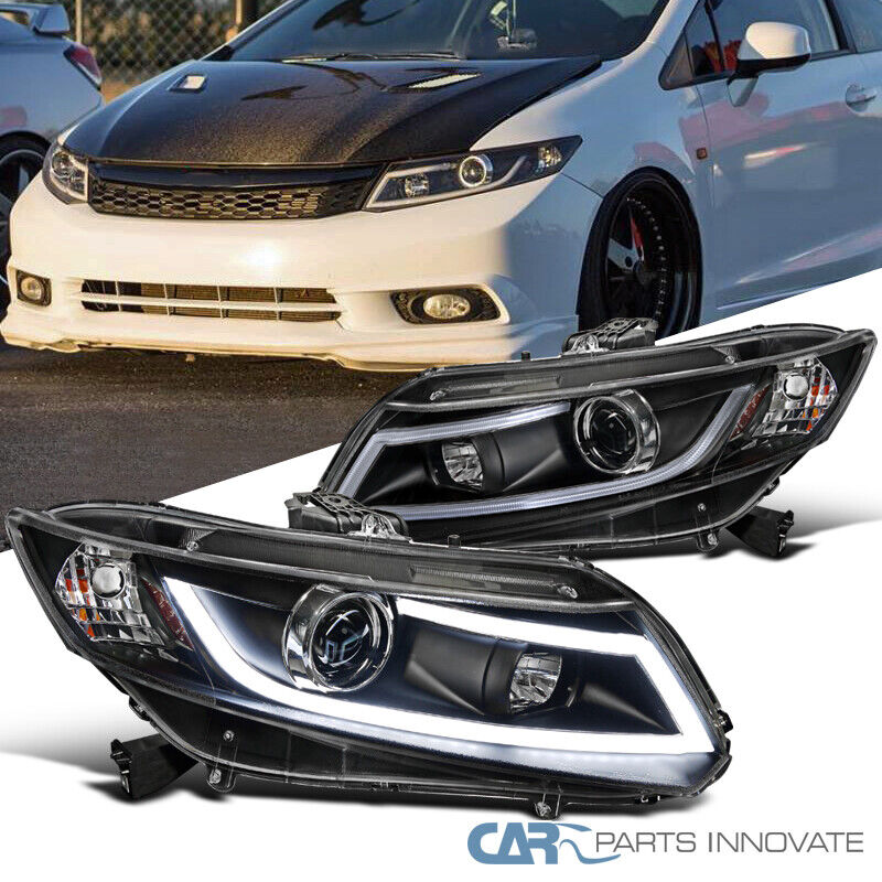 Fit 12-15 Honda Civic 2/4Dr Black Projector Headlights Head Lamps+LED DRL Bar