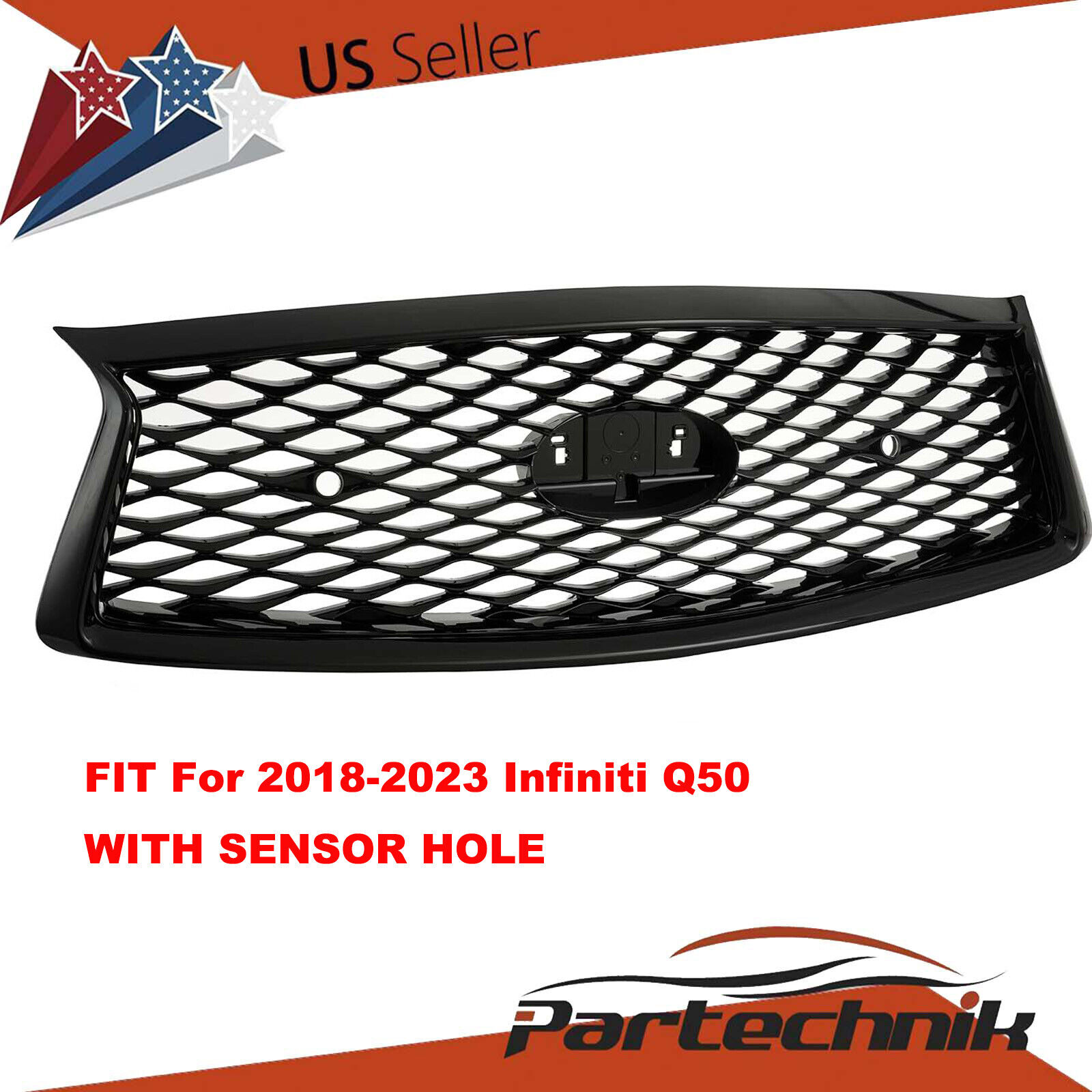 For Infiniti Q50 Sedan 2018-2023 Gloss Front Hood Bumper Upper Grill With Sensor