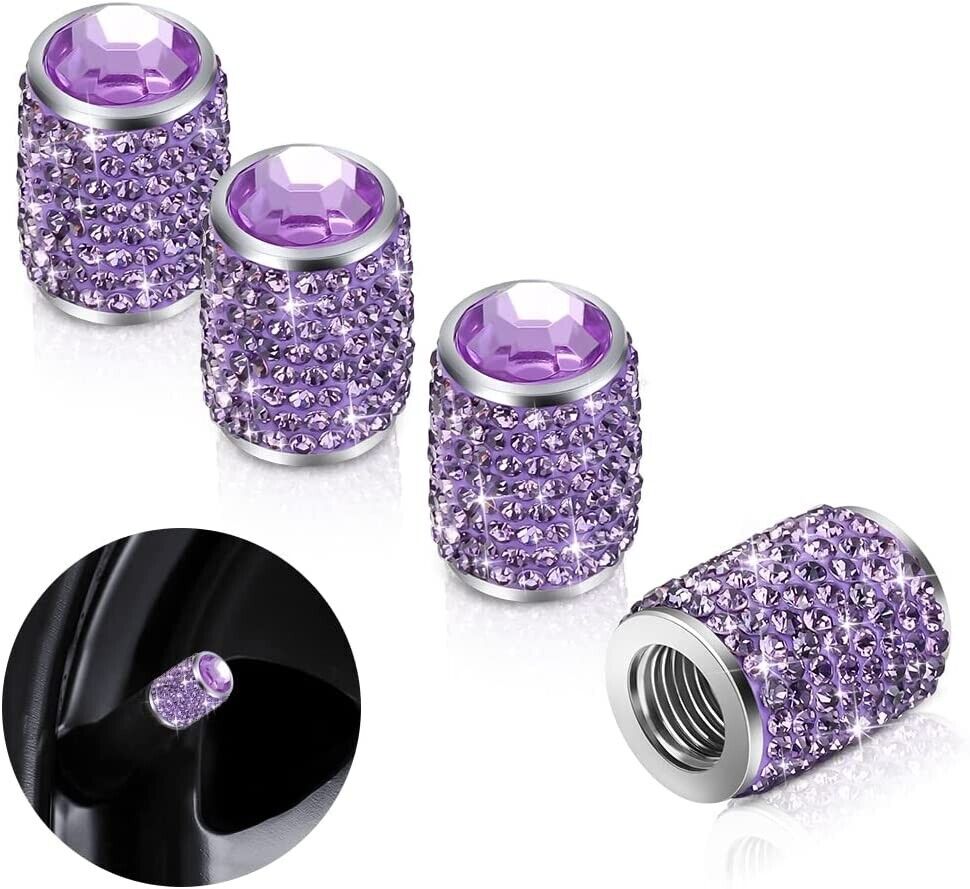 4pcs Purple Shinny Crystal Rhinestone Bling Tire Stem Valve Caps Fits Universal
