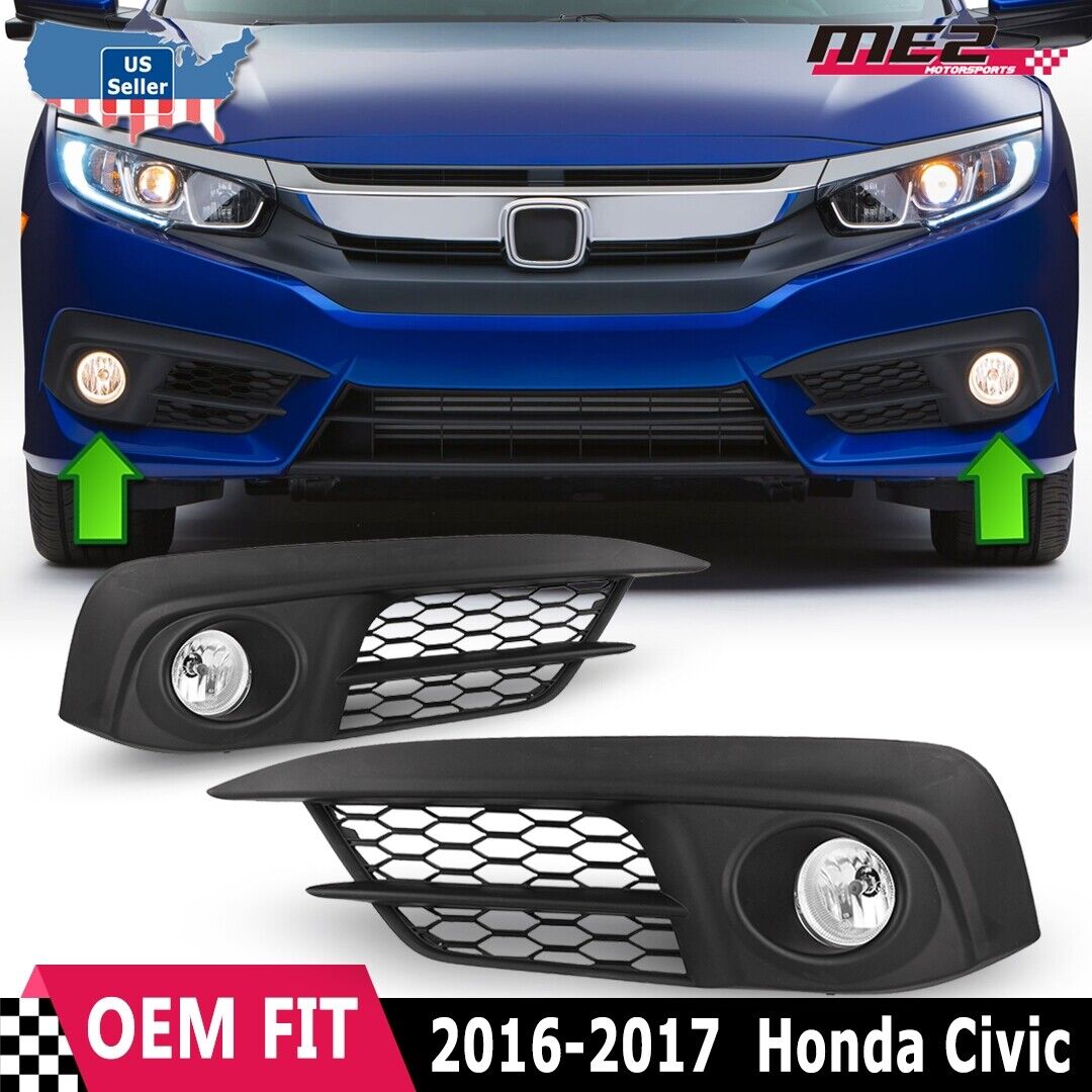 For 2016-2017 Honda Civic PAIR Fog Light Bumper Driving Lamp Switch Kit Clear
