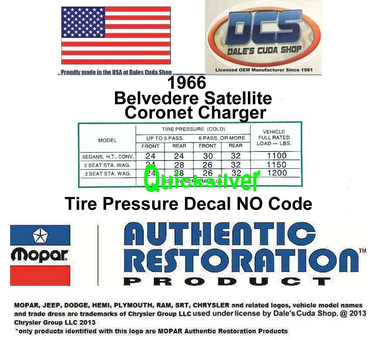 1966 Coronet Belvedere Satellite Tire Pressure Decal MoPar NO PN USA