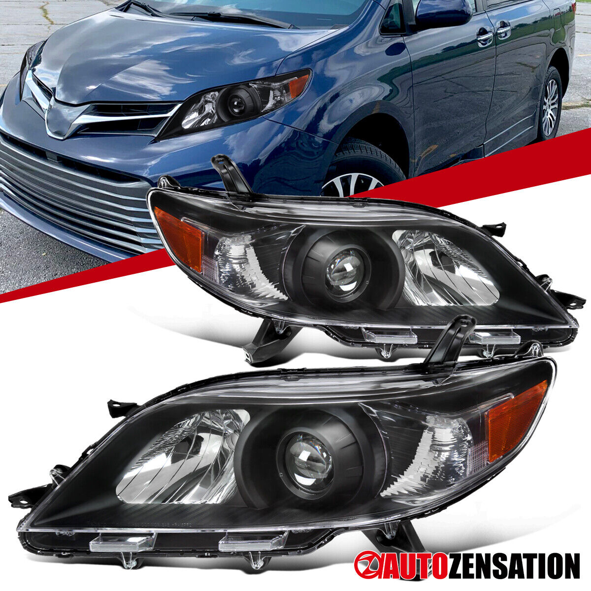 Fit 2011-2020 Toyota Sienna Projector Headlights Black Lamps Left+Right 11-20