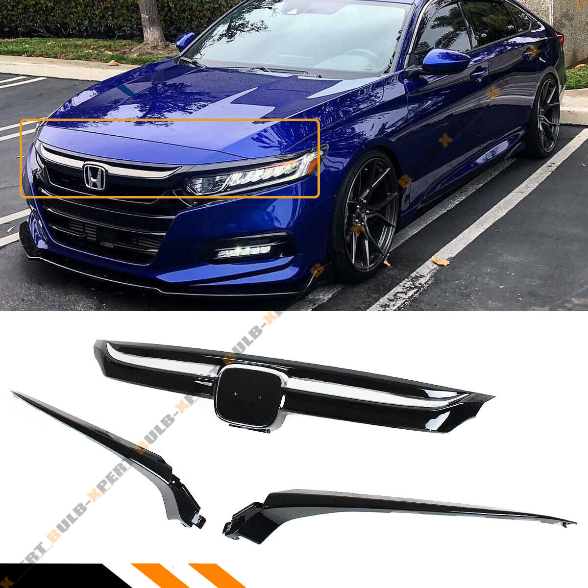 For 2018-2020 Honda Accord Glossy Blk Sport Style Front Grille W/ Chrome Garnish