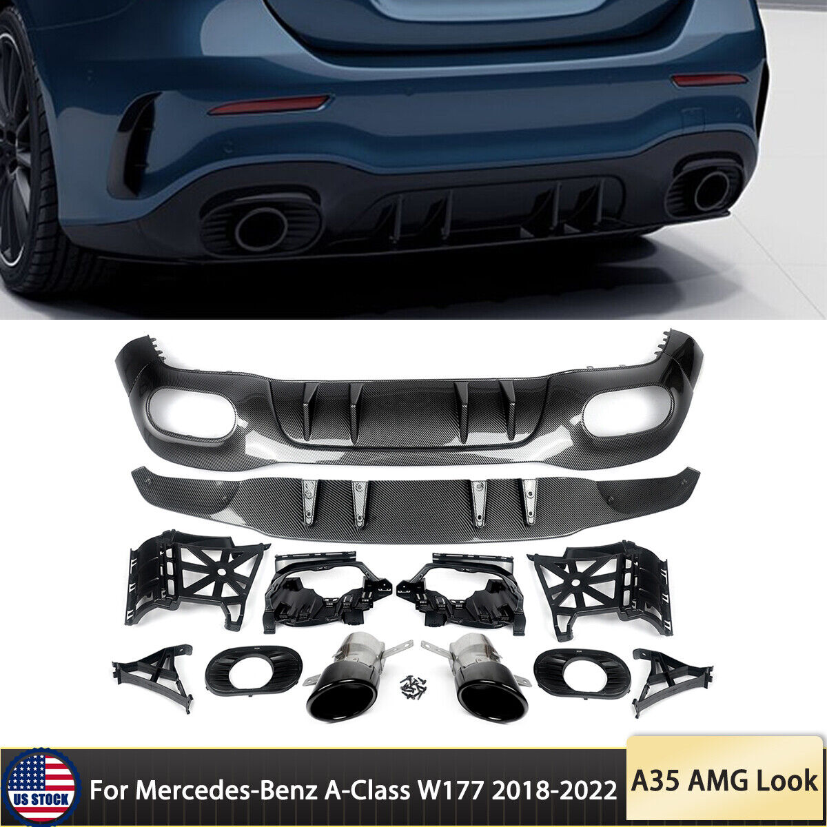 For Benz W177 A200 A250 Sport Rear Diffuser Lip W/Exhaust Tips A35 AMG Look