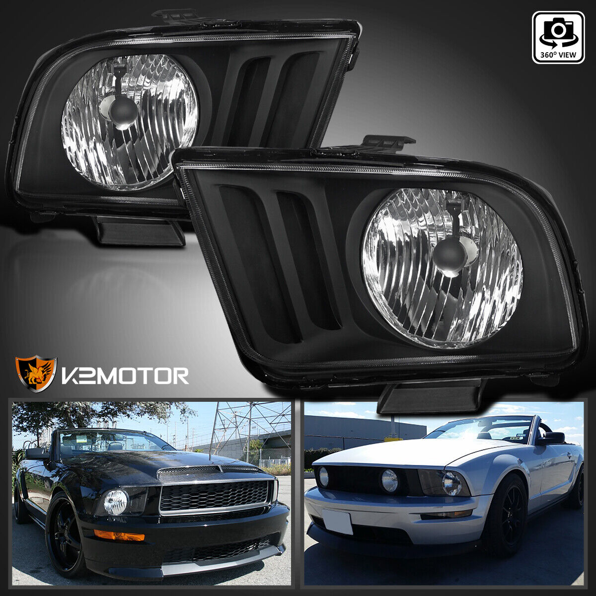 Black Fits 2005-2009 Ford Mustang V6 V8 Headlights Head Lights Lamps Left+Right