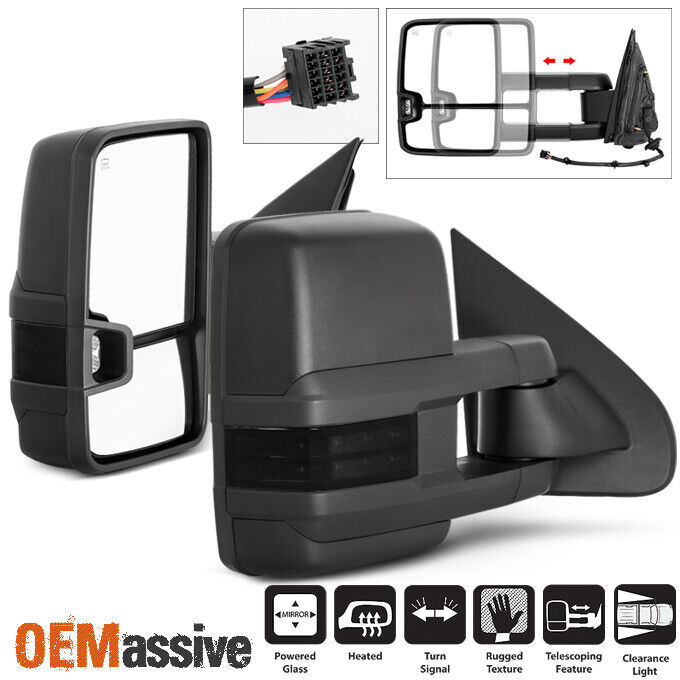 Fit 14-18 Chevy Silverado GMC Sierra Power Heated Smoked LED Side Towing Mirrors