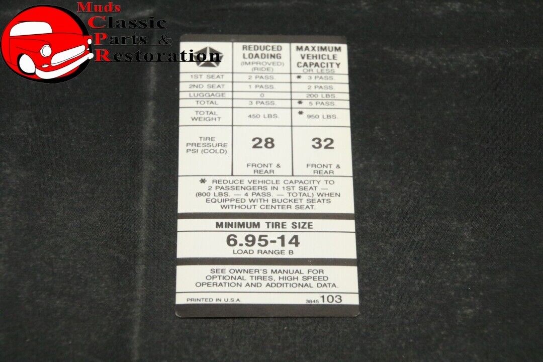 74 Duster Tire Pressure Decal 695x14 Tires