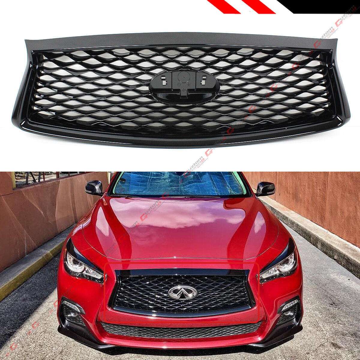 FOR 18-2023 INFINITI Q50 GLOSSY BLACK OUT FRONT BUMPER UPPER GRILLE REPLACEMENT