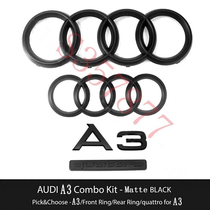 For Audi A3 Front Rear Rings Emblem Matte Black Trunk Quattro Badge Kit OE