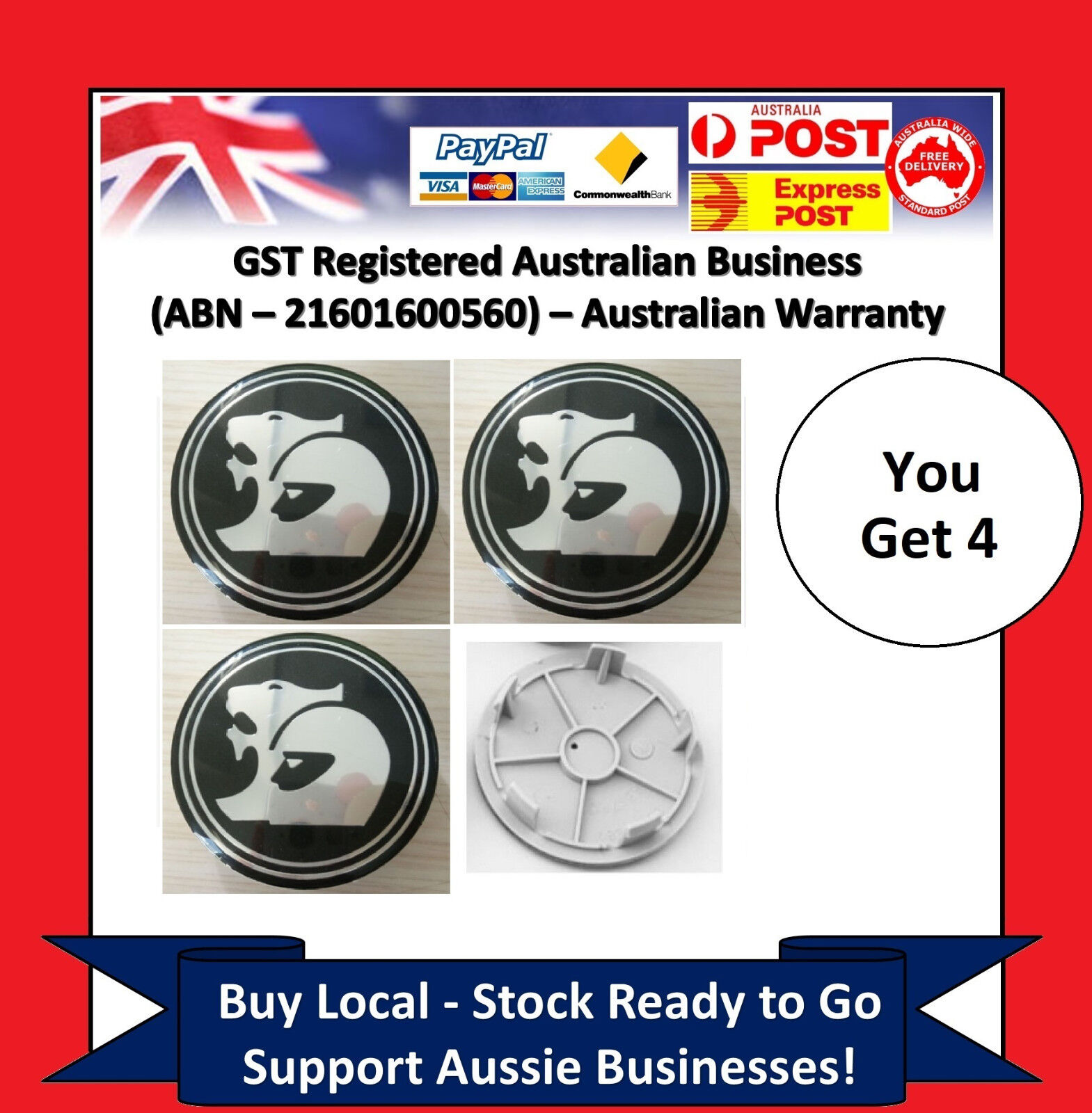 Set of 4 Wheel Centre Caps Holden 63mm HSV Coupe V2-VY VZ VE VF EX GTS Commodore
