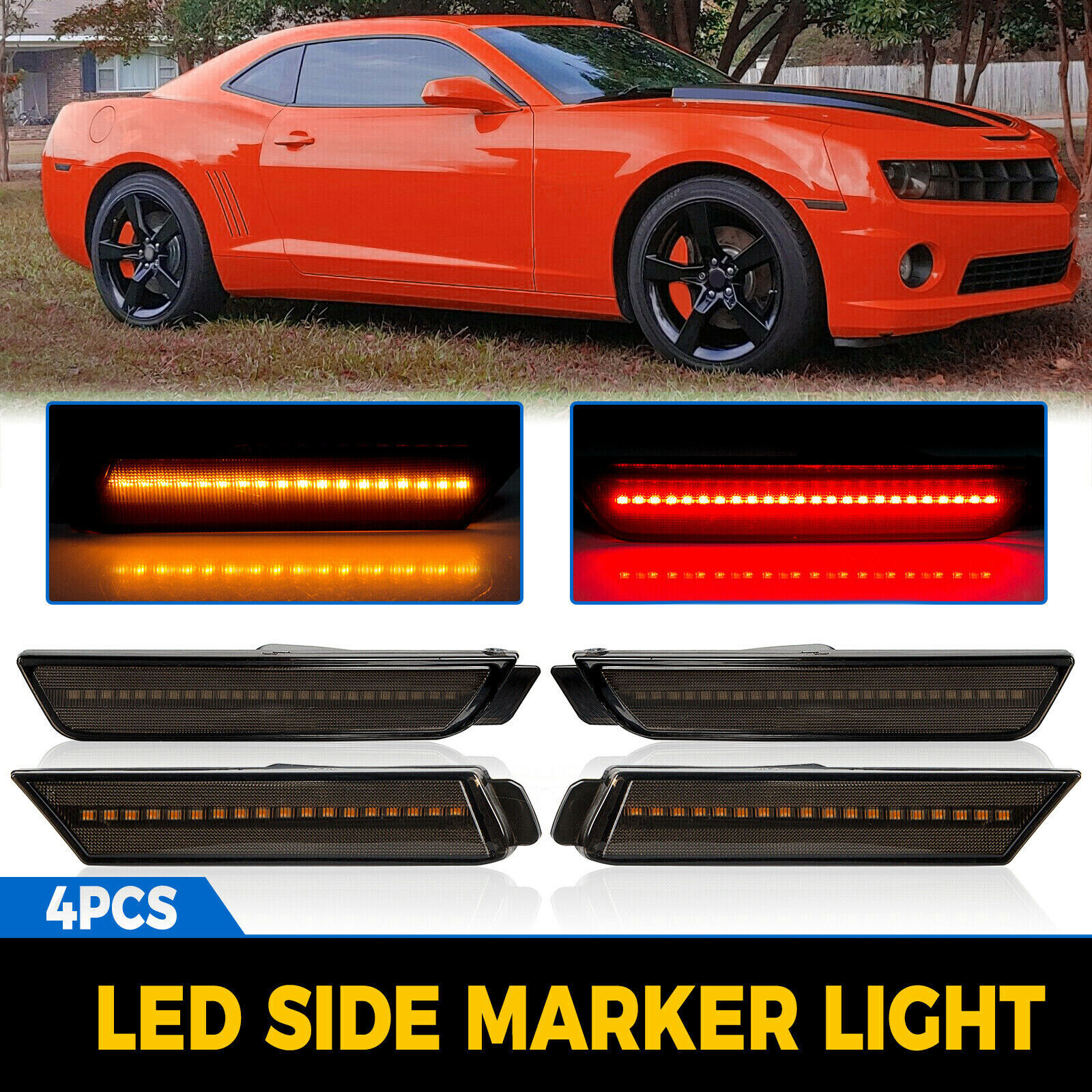 FOR 10-15 CHEVY CAMARO FRONT+REAR LED BUMPER SIDE MARKER LIGHT LAMPS 4PCS SMOKED