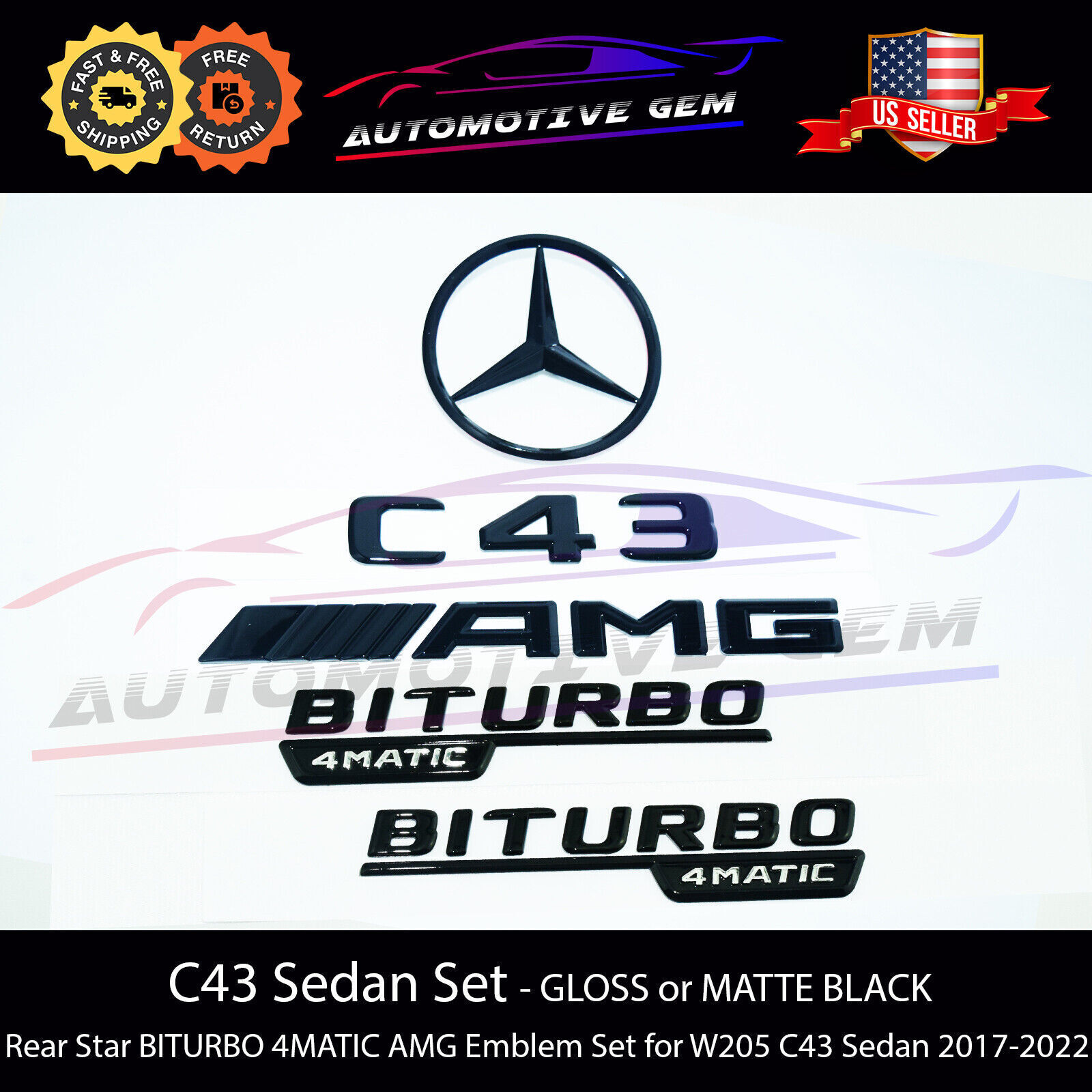 C43 AMG BITURBO 4MATIC Rear Star Emblem Black Badge Set for Mercedes W205 SEDAN