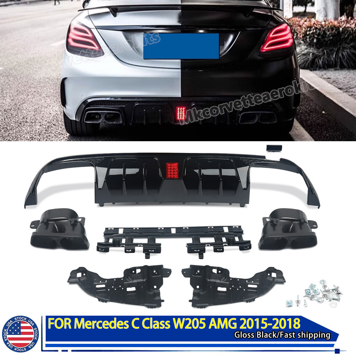 Bumper Diffuser For 15-21 Benz W205 C63 C43 AMG Sedan B Style LED + Exhaust Tips