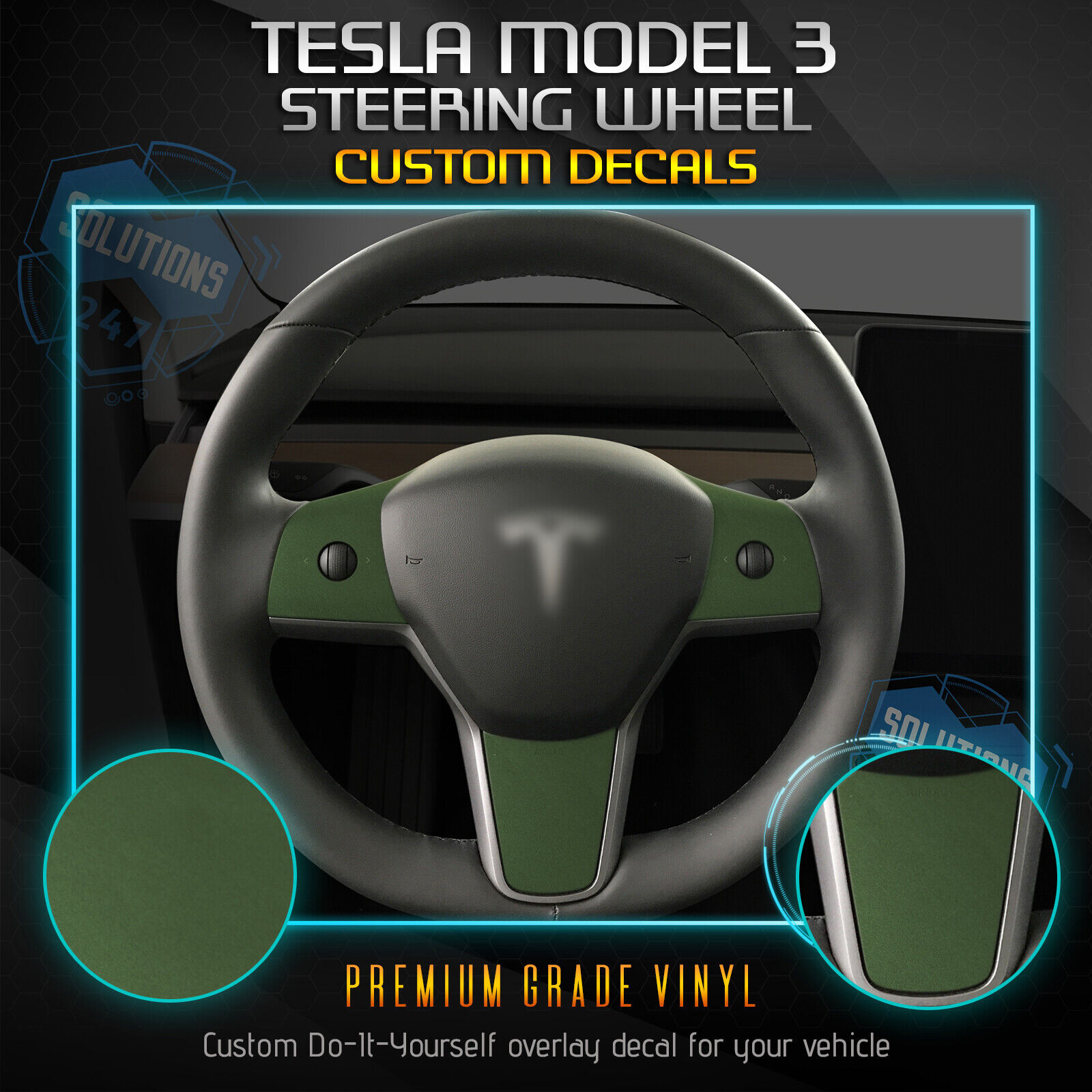For Tesla Model 3 Steering Wheel Overlay Vinyl Wrap Cover Decal - Flat Matte