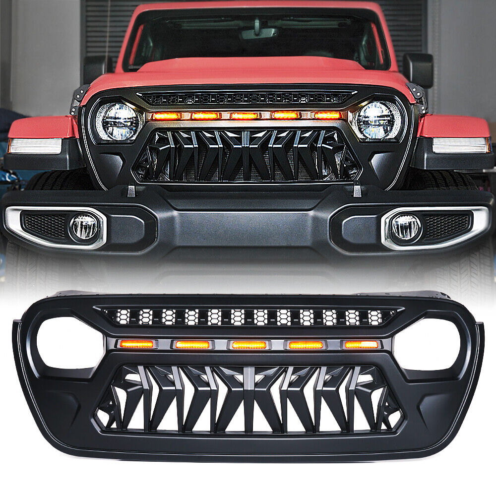 Xprite Black Front Grille w/ Amber LED Running Lights for 18+ Jeep Wrangler JL