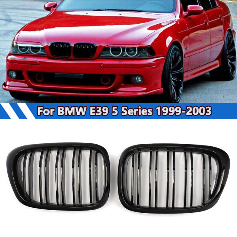 Pair Dual Slats Front Grille For 1999-2003 BMW E39 525i 530i 540i M5 Gloss Black