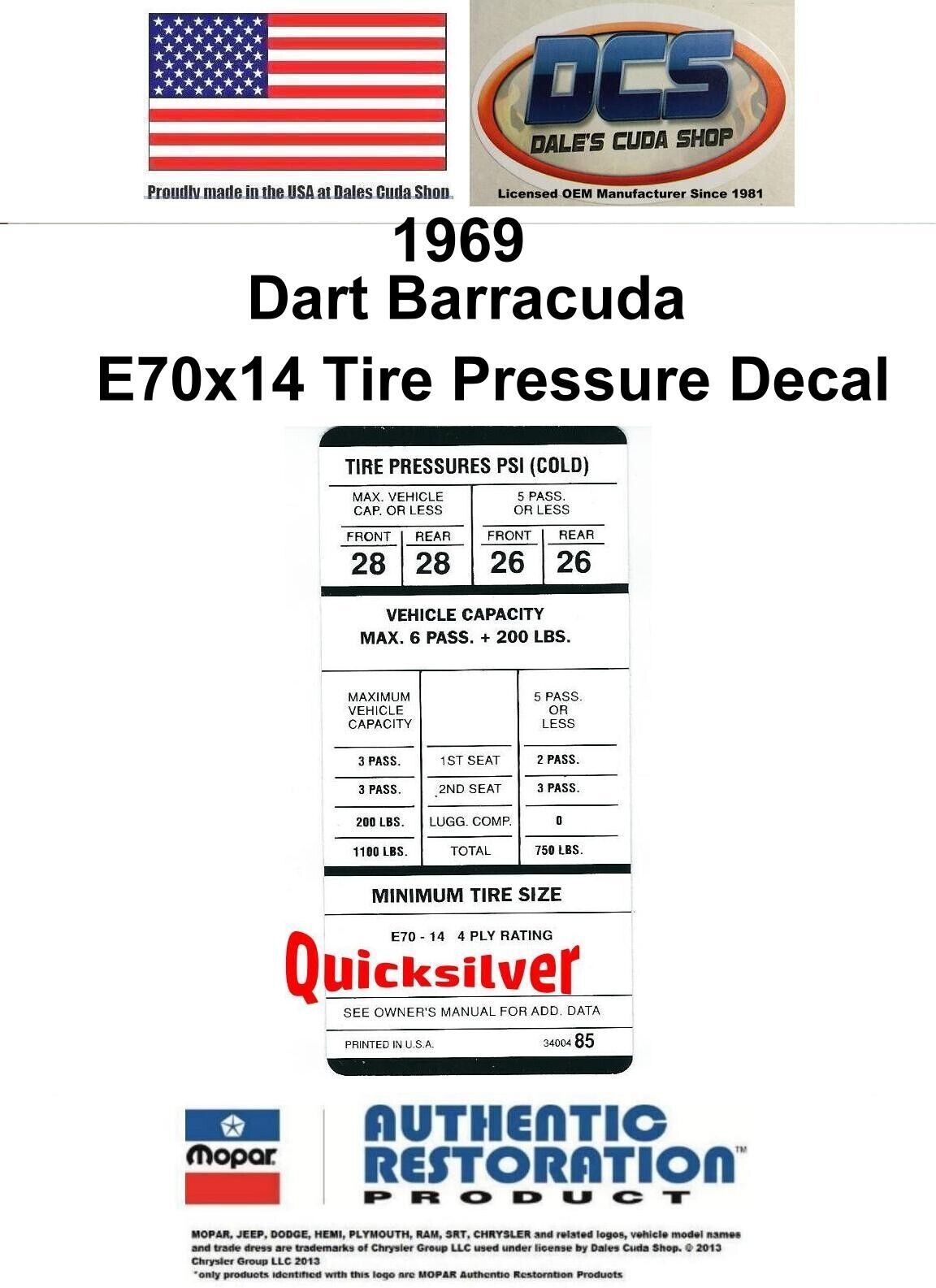 1969 Dart Barracuda E70x14 Tire Pressure Decal 3400485 New MoPar USA