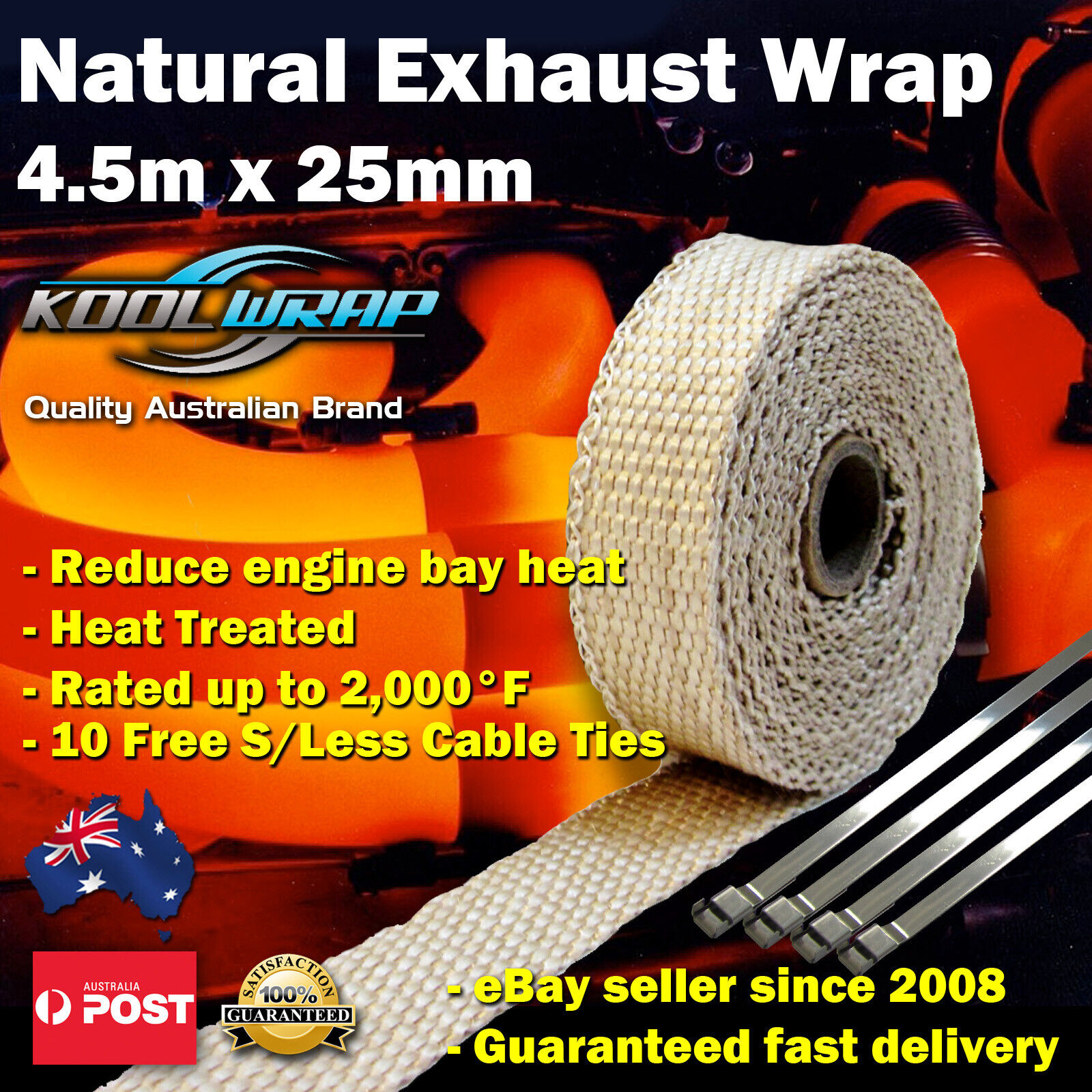 EXHAUST WRAP HEADER TAPE F Heat Protection 2000°F Tan 4.5m X 25m 4 S/less Ties