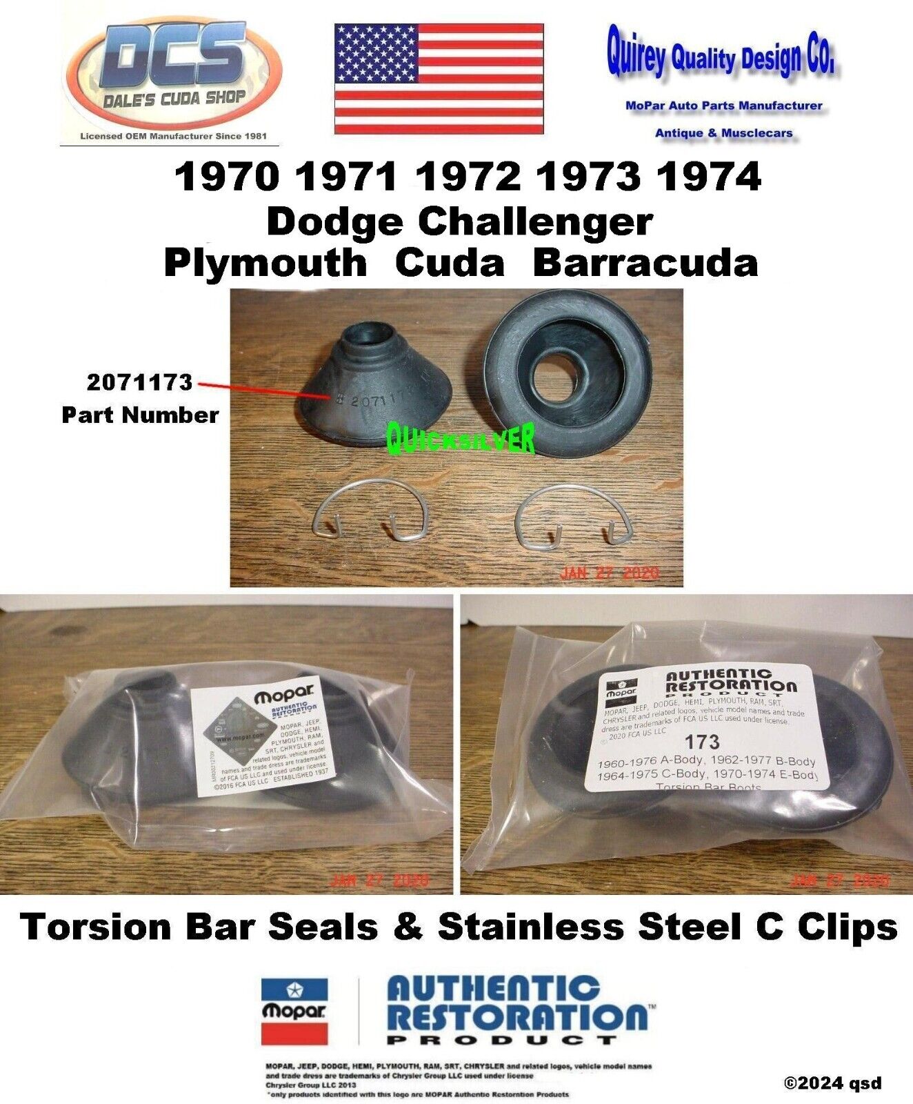 1970 71 72 73 74 Cuda Challenger Torsion Bar Boots Seals & SS Clips 2071173 USA