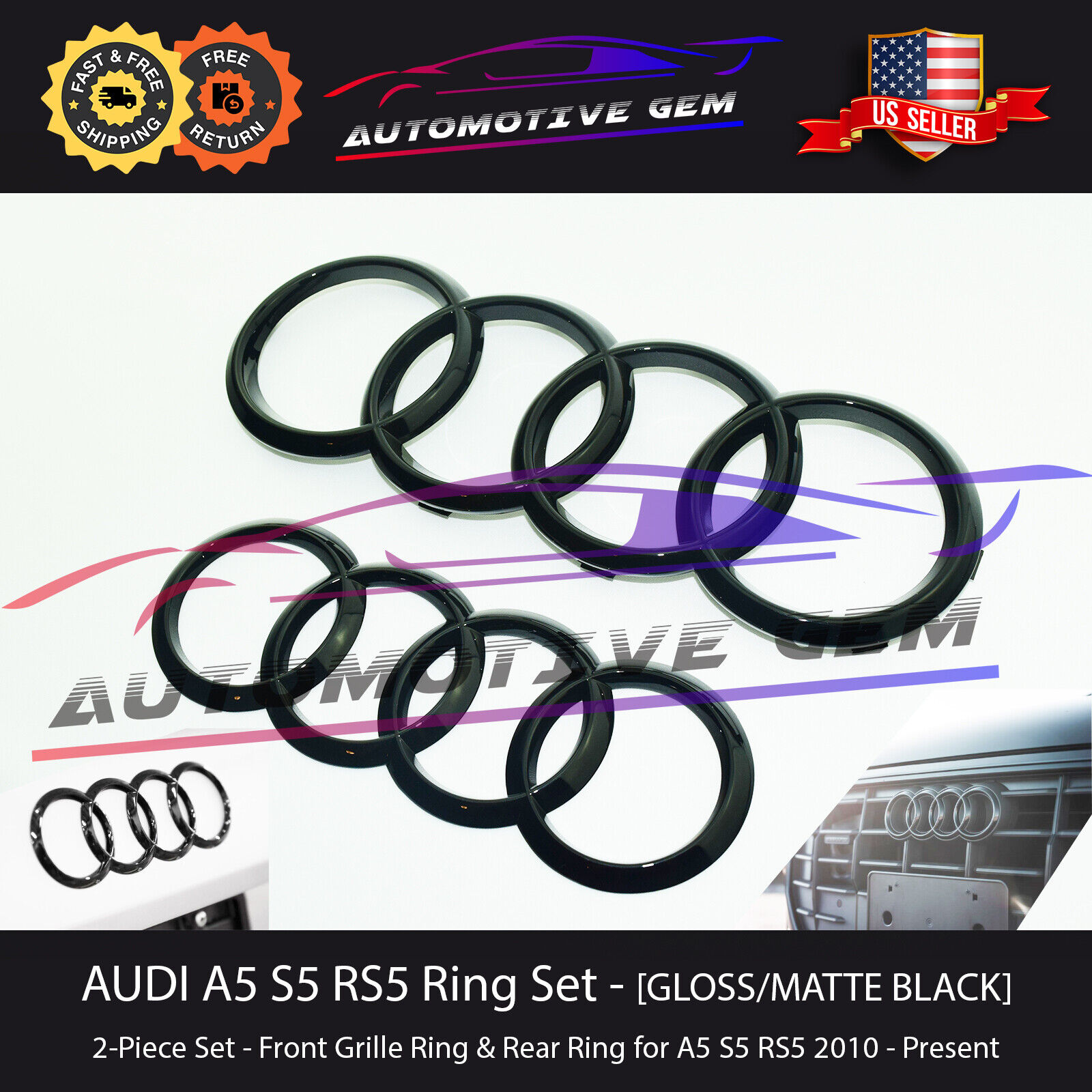 AUDI A5 Ring BLACK Front Grille & Rear Trunk Emblem Lid Logo Hatch Badge S5 RS5