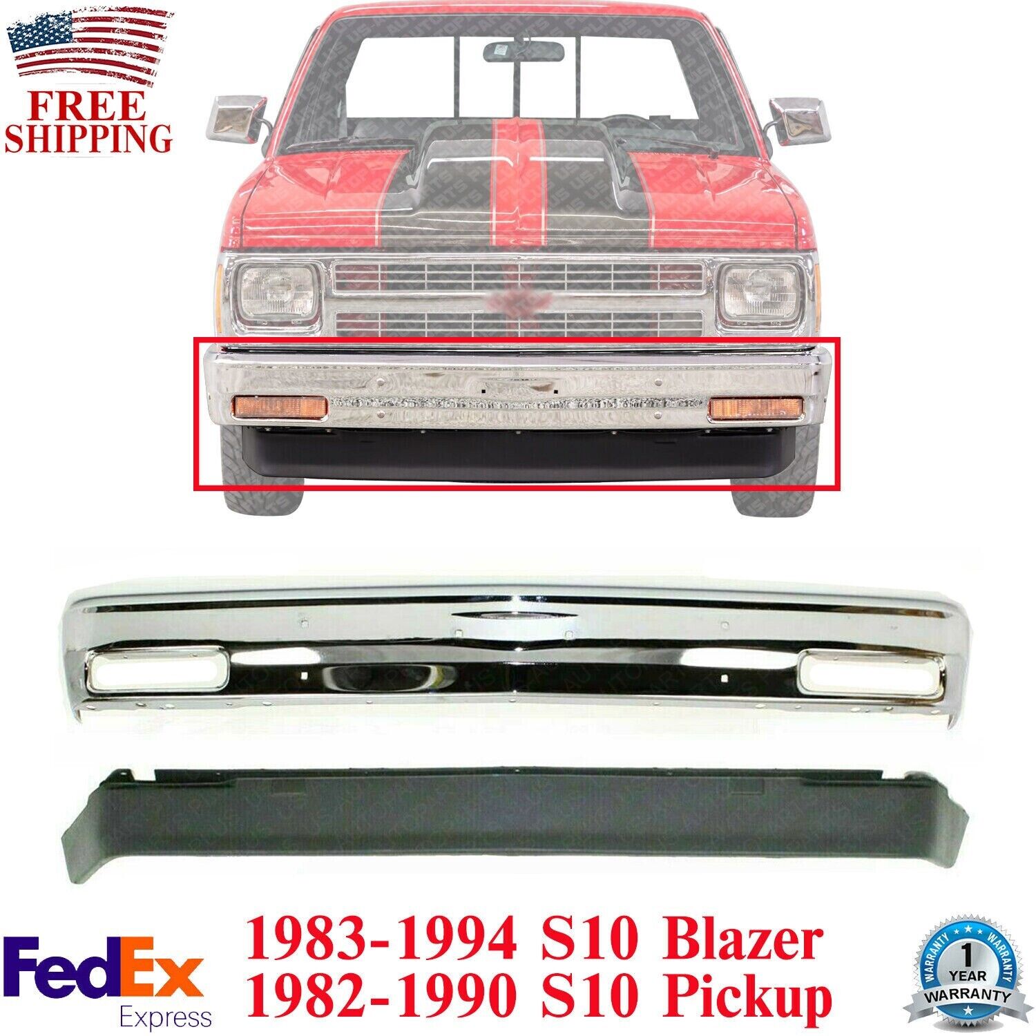 Front Bumper Chrome + Lower Valance For 1982-1993 Chevy S10 / GMC S15 Pickup