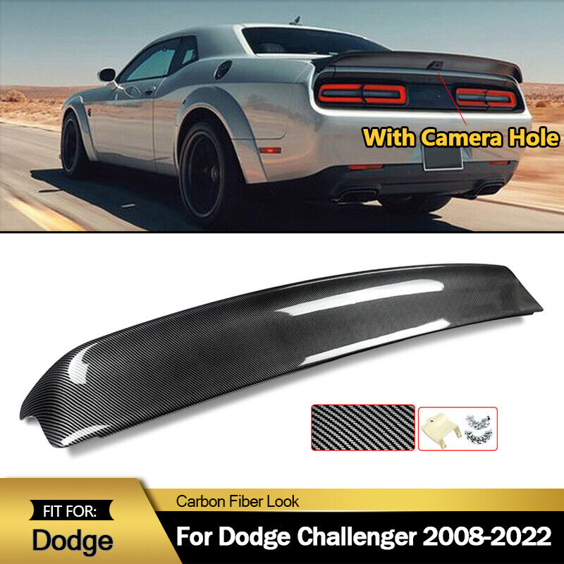 For 08-22 Dodge Challenger Hellcat Style Carbon Look Rear Spoiler w/ Camera Hole