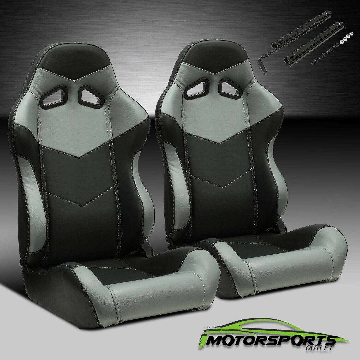 Pair Black PVC Main Grey Side Racing Seats With Single Adjustor+Single Slider